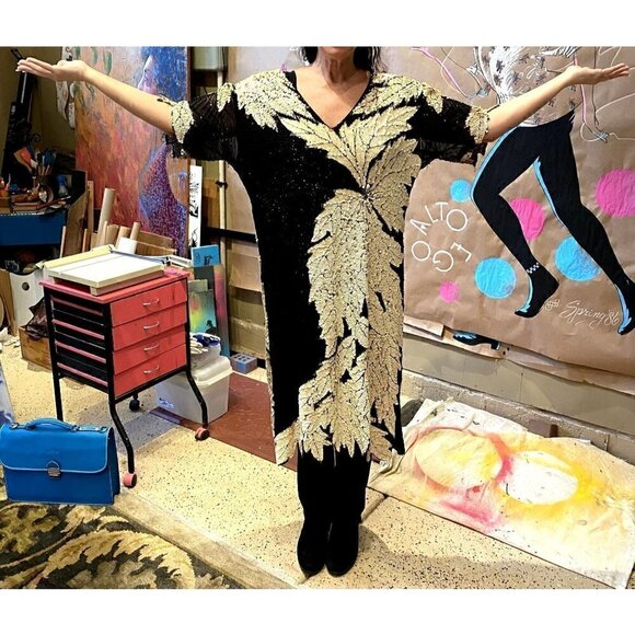Vintage 80s Sho Max sequin dress opalescent creme black leaf design art nouveau - Picture 6 of 15